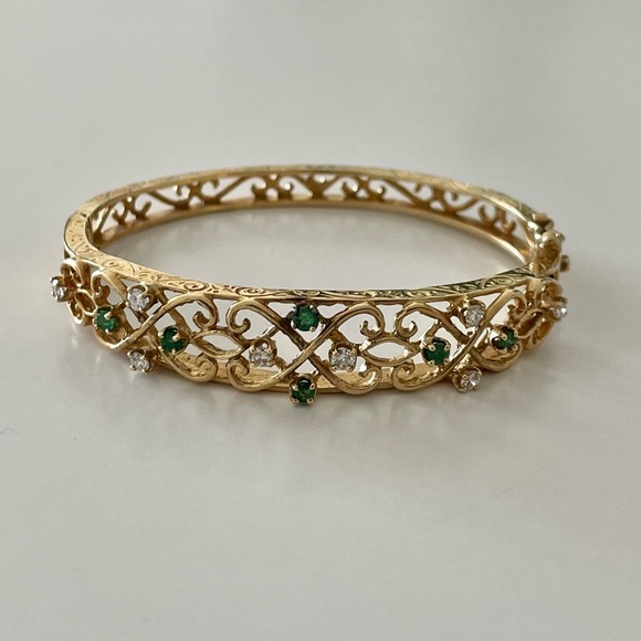 Antique 14 k gold emerald and diamond bracelet - Picture 3 of 16